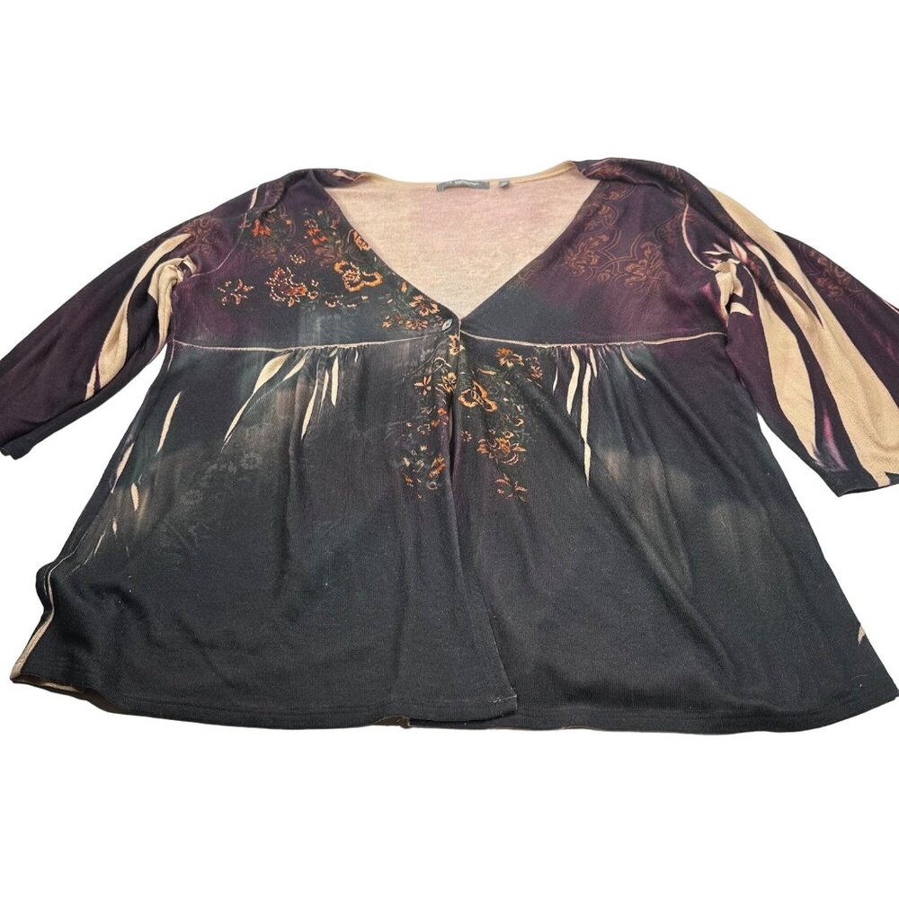 NY Collection Women's Sz 1X One Button Over Shirt 3/4 Sleeve Brown Preowned Snag